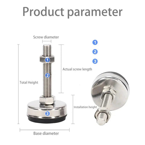 Image showing two Stainless Steel 85mm Adjustable Leveling Feet with M16 Threaded Shaft and rubber damping pad, dimensions labeled.