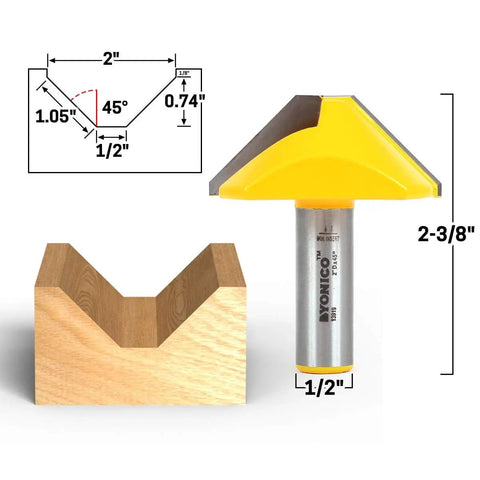 V Groove Flat Bottom Router Bit Two Inch Diameter One Half Inch Shank 45 Degree V Groove For Beveled Grooves Paneling
