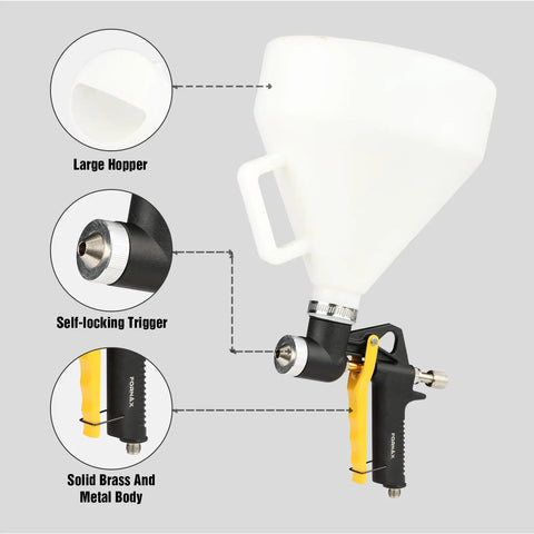 Pro Grade Air Texture Sprayer Featuring An Extended Swing Lever And Three Interchangeable Nozzles For Dead Smooth Wall Finishes with large hopper and self-locking trigger.