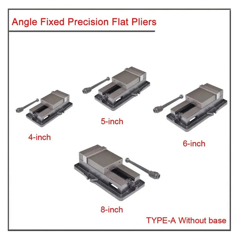 Angle Fixed Precision Flat Pliers in 4-inch, 5-inch, 6-inch, and 8-inch sizes, designed for secure clamping without a base.