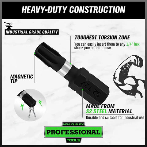 Heavy-duty construction bit from 20 Piece Tamper Resistant Torx Bit Set With One Quarter Inch Hex Shank, S2 alloy steel material.