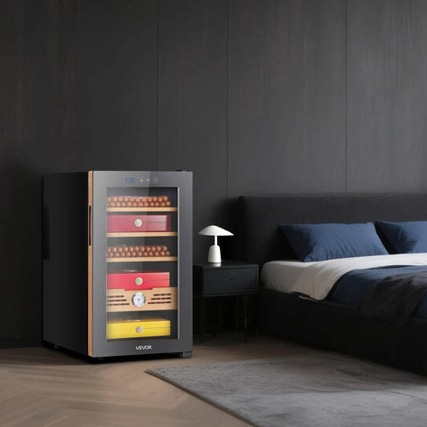 Electric Humidor For Home Use 48L Cigar Cabinet With Cooling Temperature Control and Spanish Cedar Shelves in bedroom setting