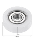Close-up of Two Pack 10x35x11mm Roller Idler Bearing Pulley For Conveyor Systems White PU Wheel showing dimensions.