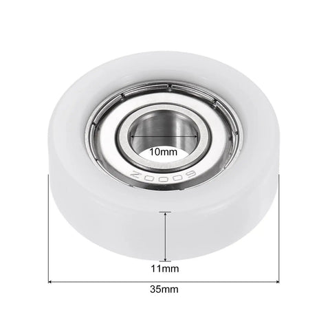 Close-up of Two Pack 10x35x11mm Roller Idler Bearing Pulley For Conveyor Systems White PU Wheel showing dimensions.