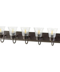 Transitional Five Light Vanity Fixture in Oiled Bronze with Clear and Seeded Glass Damp Rated Bathroom Lighting 36 Inch Wide