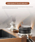 Close-up of hands using the 4 In 1 Espresso Knock Box And Tamper Mat Stand For 58mm Coffee Accessories in Brown Walnut Finish.