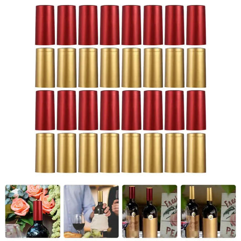Premium Heat Shrink Wine Bottle Caps 100 Pack Flexible PVC Sealing Film in red and gold, displayed for sealing wine bottles.
