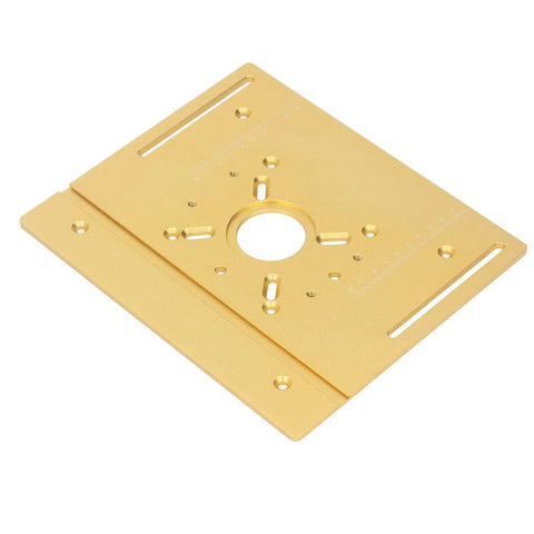 Heavy Duty Router Table With Crank Handle Lifting Kit And Game Changer Precision Woodworking Insert Plate showing golden aluminum insert plate with central opening.