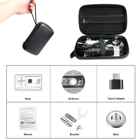 USB Digital Microscope For Android Windows Linux And Mac High Resolution Wired Scope With Live View Screenshot And Video Capture Ideal For Coins Electronics Microbiology And Tiny Details, carrying case and accessories