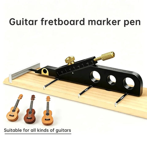 Pro Level Guitar Nut Scribe Tool And Dead On Saddle Height Marker For Acoustic Classical Repairs Durable Aluminum And Brass Build Black Grip on fretboard with string markers.