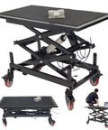 Hella Sturdy Electric Scissor Lift Table And Height Adjustable Rolling Cart With Solid 400 Pound Capacity Silent Motor in a workshop setting.