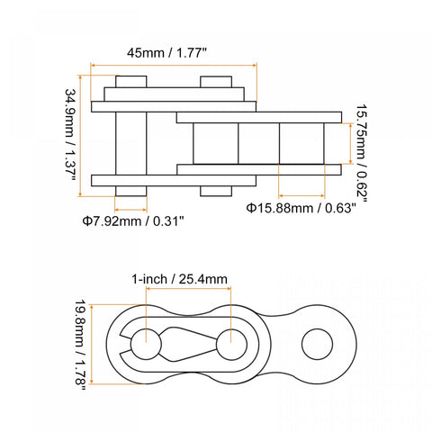 Diagram of Five Pack One Inch Pitch Chain Master Connector Links Roller For 16A No 80 Chain Carbon Steel Replacement Kit dimensions