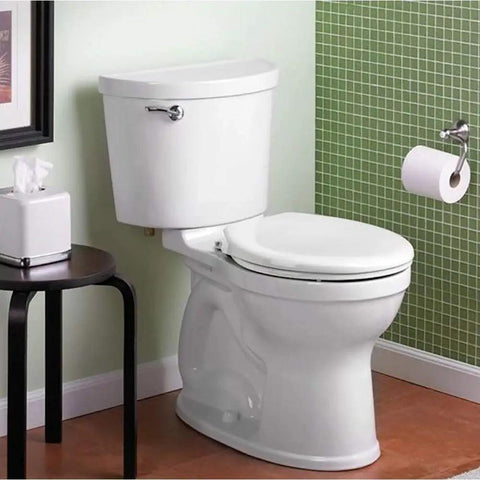 High Efficiency Toilet Water Tank With Power Wash Rim 1.28 GPF White Meets Water Sense EZ Install Tools Color Matched Bowl Caps Ever Clean Surface Champion Flushing System in bathroom setting