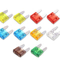 Heavy Duty Car Fuse Assortment Kit With 5A Through 30A Auto Blade Fuses For Rv And Truck Electrical Boxes, ten multi-colored fuses displayed.