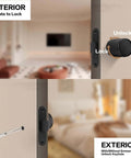 Interior and exterior view of Two Pack Invisible Minimalist Door Lock with a single-sided black round handle for secret rooms.