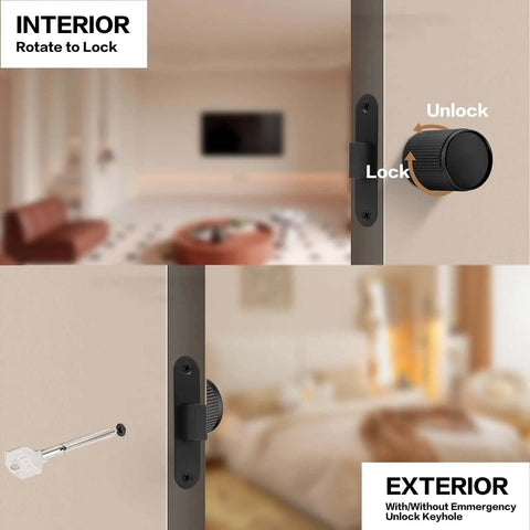 Interior and exterior view of Two Pack Invisible Minimalist Door Lock with a single-sided black round handle for secret rooms.