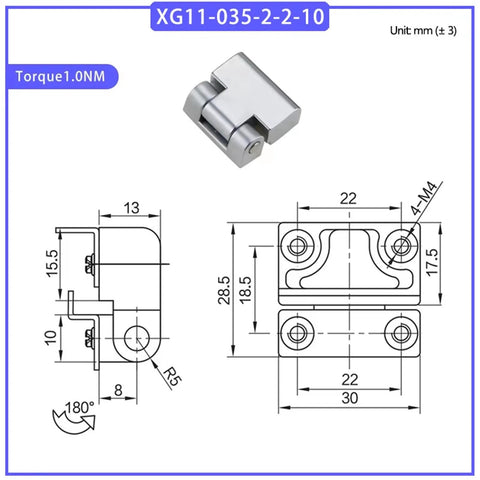 Zinc alloy damping cabinet hinge with torque-adjustable pivot for cabinet doors; front and side views, 1-piece.