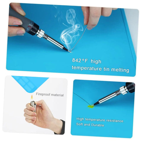 Heavy Duty Silicone Soldering Mat Heat Resistant Workbench Repair Pad For Phones Tablets PC And Watches showing soldering tool with smoke on blue mat.