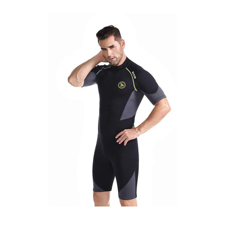 Man modeling Men's 1.5mm Back Zip Shorty Neoprene Wetsuit Premium Dope Quality for water sports, front view