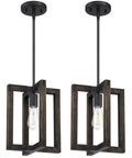 Farmhouse Rustic Pine Wood Hanging Pendant Lights Two Pack With Black Metal Frame For Entryway Dining Room Kitchen Island Ceiling Fixtures UL Listed Hardwired E26 LED Compatible Dimmable Ideal For Bedroom And Living Areas