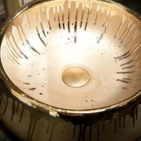 USZWBY European Style Golden Vessel Vanity Sink Above Counter Basin showcasing a shiny gold interior and drainage hole.