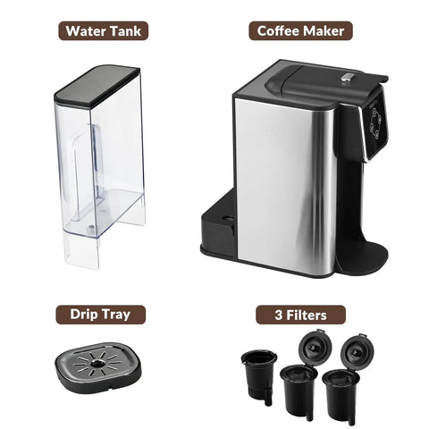 3 In 1 Single Serve Coffee And Tea Maker K Cup Compatible Fast One Touch Brew For 6, 8, Or 10 Oz Cups Removable 50 Oz Water Reservoir 120V 1150W Power Easy Office Or Home Use with components including water tank, coffee maker, drip tray, and 3 filters