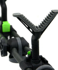 Close-up of Two Point Gun Rest Trigger Stick Attachment with adjustable height and tilt for tripods, showing detailed grip.