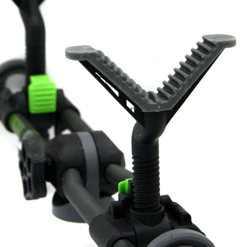 Close-up of Two Point Gun Rest Trigger Stick Attachment with adjustable height and tilt for tripods, showing detailed grip.