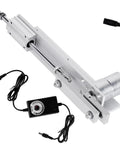 Side view of 12V DC linear actuator with aluminum housing, extending rod, motor, and control box with power cables