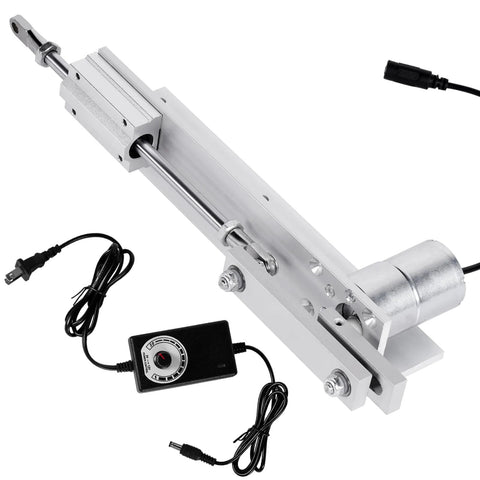 Side view of 12V DC linear actuator with aluminum housing, extending rod, motor, and control box with power cables