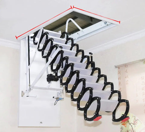 Rock Solid Remote Controlled Electric Loft Ladder With Grippy Handrails And Slick Retracting Folding Stairs for ceiling access.