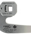 Universal Ebike Torque Arm For Regen Hub Motors Front And Rear 14mm Axles With Solid Machined Hardened 17-4 Stainless Steel Block Grade 12.9 Bolts For Beefy Over 1500 Lbs Clamping 11mm Thick Splined Arm Interface Deep J Curve For Easy Access. shown close-up with Grade 12.9 bolts and 12Nm mark