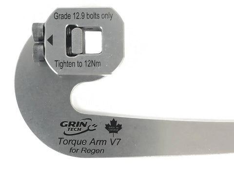 Universal Ebike Torque Arm For Regen Hub Motors Front And Rear 14mm Axles With Solid Machined Hardened 17-4 Stainless Steel Block Grade 12.9 Bolts For Beefy Over 1500 Lbs Clamping 11mm Thick Splined Arm Interface Deep J Curve For Easy Access. shown close-up with Grade 12.9 bolts and 12Nm mark