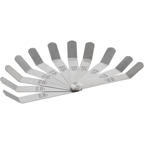 Front view of A308 offset valve tappet gauge set; 11 stainless steel feeler blades, 0.004–0.014 in.