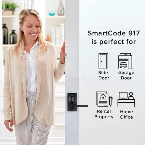 Woman demonstrating SmartCode 917 Keypad Keyless Entry Lever Deadbolt for homes, showing suitable usage locations on door.