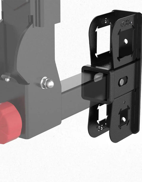 Heavy Duty Hitch Wall Mount For Garage Storage Designed To Fit One Point Two Five Or Two Inch Receivers close up view of adjustable sleeves.