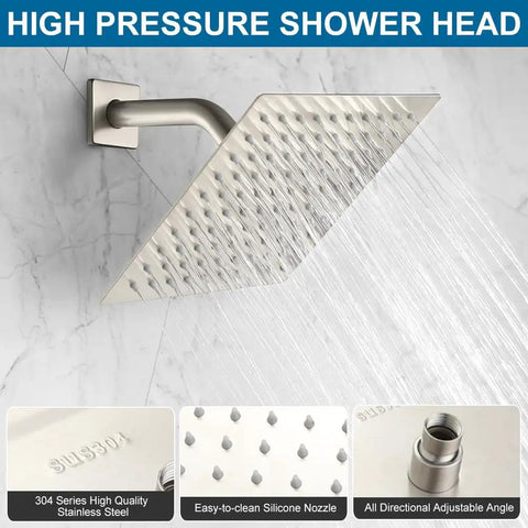 Brushed Nickel Shower System With 8 Inch Rainfall Head, Wall Mounted Faucet Set, stainless steel shower head spraying water