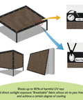 Mocha 12X20 Ft Sun Shade Cloth for patio shown with 90% UV block, zip-tie and black flat rope installation details