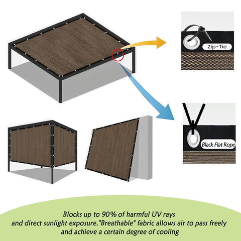 Mocha 12X20 Ft Sun Shade Cloth for patio shown with 90% UV block, zip-tie and black flat rope installation details