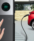 Level 2 EV Charger 40A 240V With 25ft Cable For Tesla And NACS EVs, in use with red car and hand on display, outdoor setting