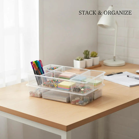 Stackable Desktop Storage Box With Grid Dividers For Pens And Office Supplies, Durable PP Plastic Desk Organizer on a desk