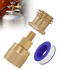 Heavy Duty Forklift Propane Adapter Swaps 1-1/4 Inch Female To 1-5/16 Inch Male Acme Fitment with brass connectors and tape.