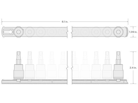 Technical diagram of Half Inch Drive Phillips And Slotted Bit Socket Set with Rail, showing dimensions and bit placement.