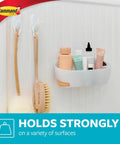Damage Free Bathroom Organization Five Piece Set With Shower Caddy Soap Dish Toothbrush Holder And Two Water Resistant Strips No Tools Needed Easy Adhesive Mount For A Clean Clutter Free Shower And Sink Area shown mounted with toiletries on wall