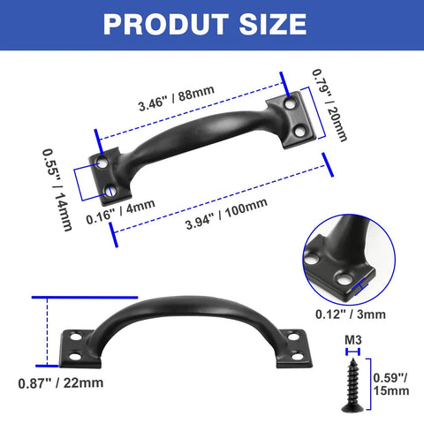 Dimensions diagram of 4 Inch Black Iron Cabinet Pulls Pack Of 2 With Ergonomic Grip, including side and top views, screw size M3x15