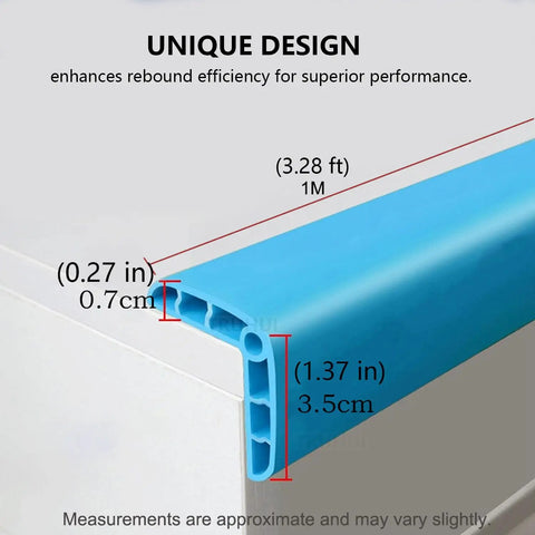 Easy Peel And Stick Yellow Heavy Duty Rubber Wall Corner Guard Anti Collision Strip Self Adhesive Edge Protector Hollow Silicone Bumper Pad Nudge Stopper 3.28 Feet Long dimensions showing blue design on edge.
