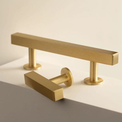 5 Pack Solid Brass Cabinet Handles With Brushed Brass Square T Bar Pulls 5 Inch Center Hole Fingerprint Resistant Finish