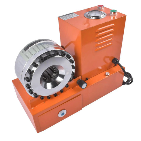 Heavy Duty Electric Hydraulic Hose Crimper 110V Portable Pipe Press Machine with a metal crimping head and gauges.
