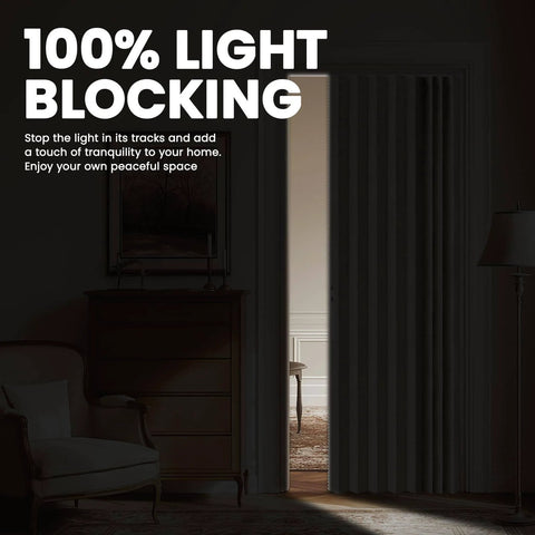 100 Percent Blackout Accordion Door Curtain For Sliding Glass Doors installed, showing cream white panel blocking light