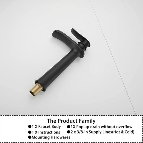 Matte Black Farmhouse Vessel Sink Faucet With One Hole, Tall Above Counter Waterfall Style, Single Handle, flat lay view